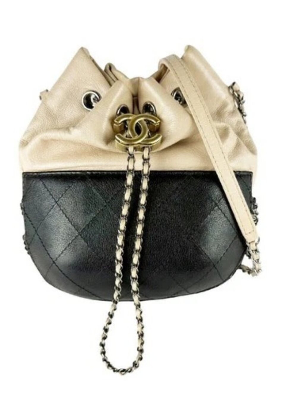 Auth CHANEL Crossbody Shoulder Bag Beige/Black Leather/Goldtone - z10702